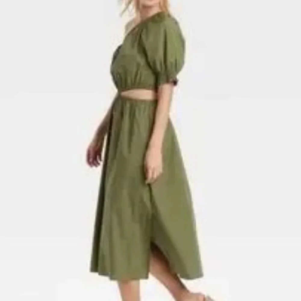 Who What Wear Olive Green‎ Puff Short Sleeve Cut Out Midi Dress Size Small